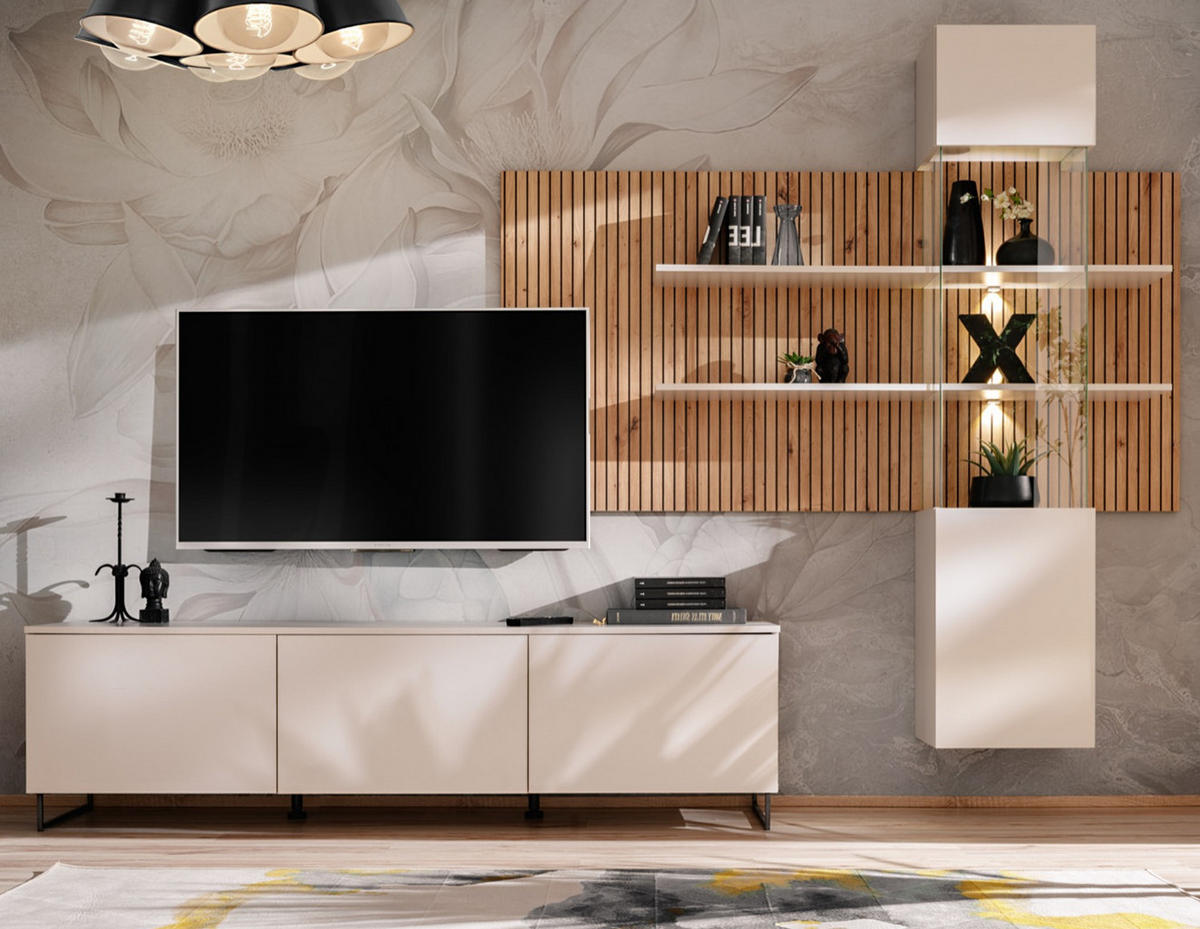 WOHNWAND Sand matt, Eiche Artisan 280 cm, Schrankwand inklusive LED Beleuchtung - Sandfarben/Schwarz, Holzwerkstoff/Kunststoff (280/200/45cm) - Furn.Design