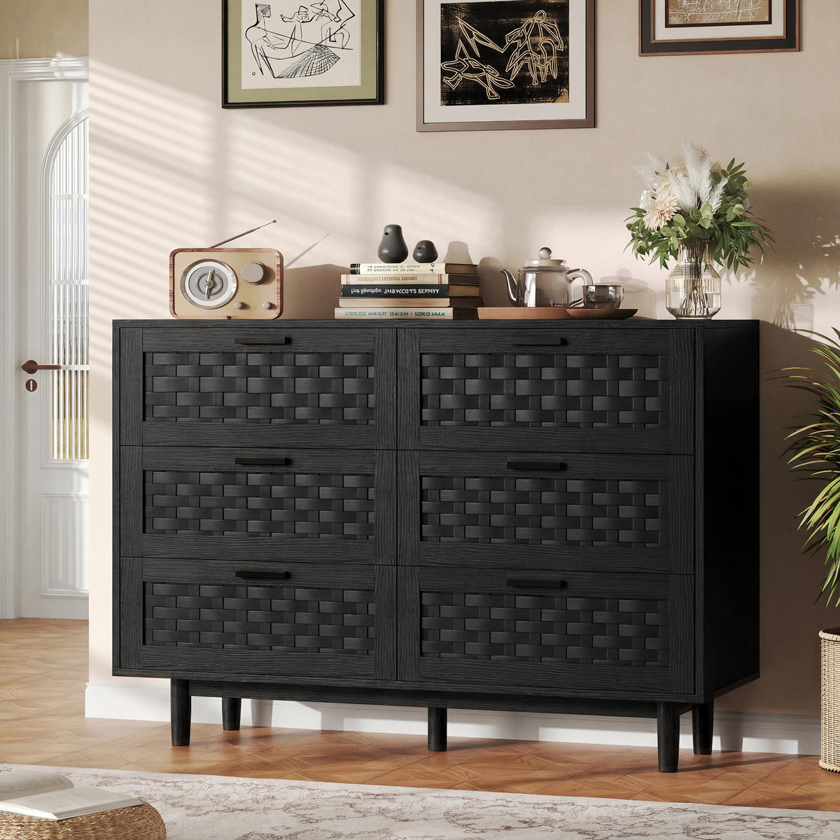 SIDEBOARD 115x40x80 cm Rattan 6 Schubladen schwarz - Schwarz, Holz (115/80/40cm) - LEBENLANG