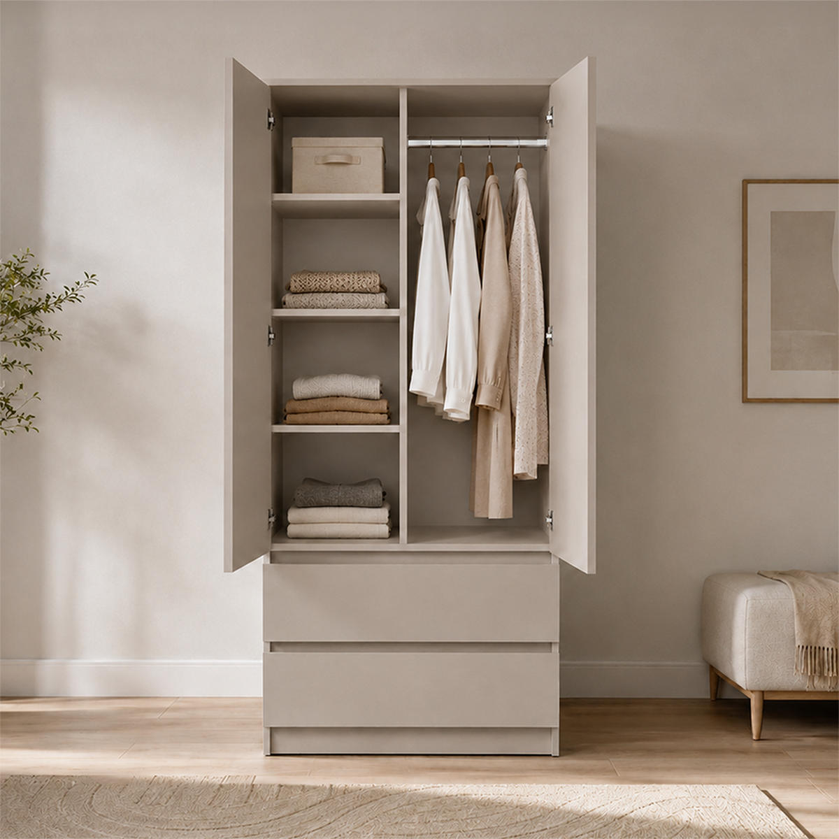 DREHTÜRENSCHRANK SOLO 2D2S II 90 cm Kaschmir/Kaschmir, 2-türig, zwei Schubladen, grifflos - Kaschmir, Holzwerkstoff (90/180/50cm) - imoebel24