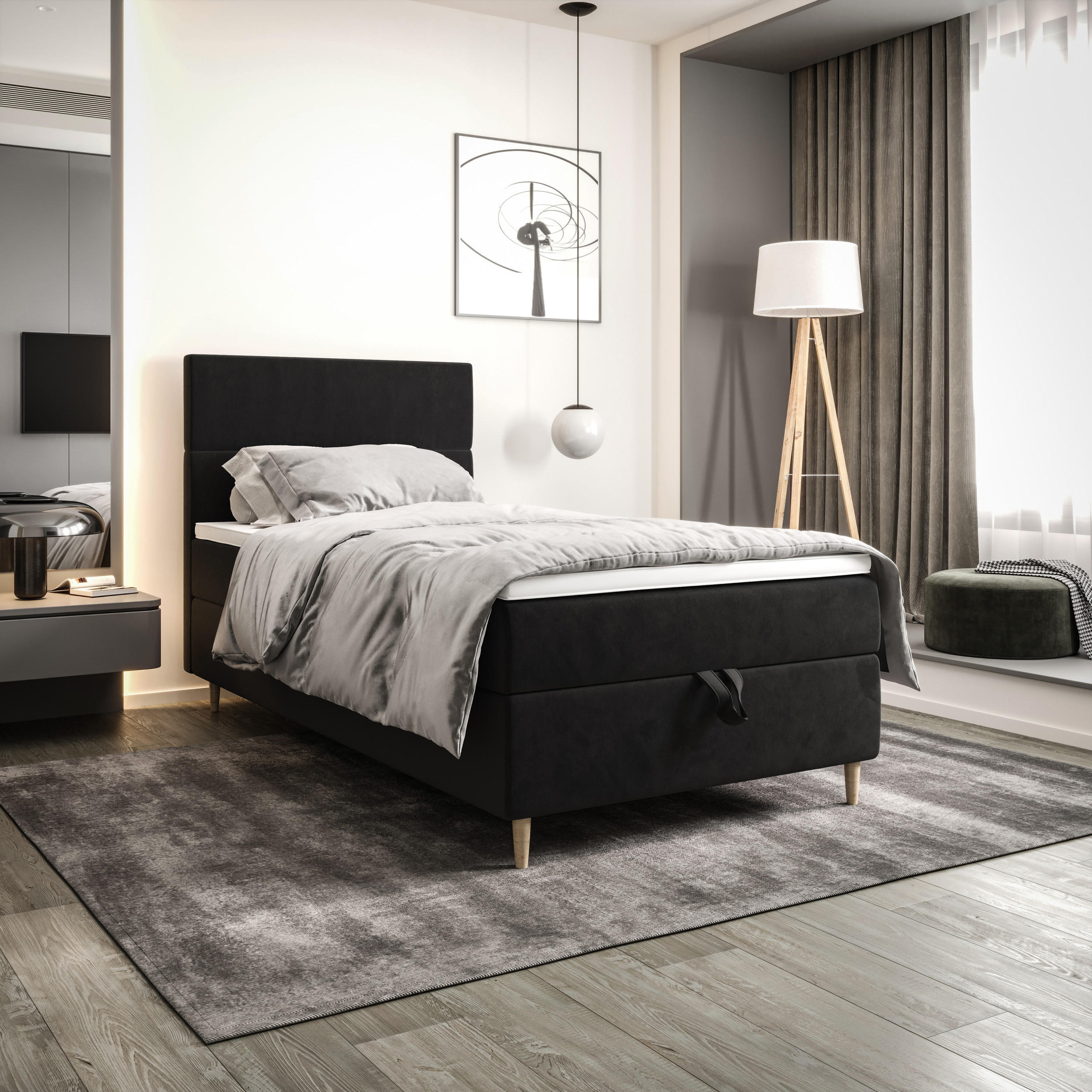 BOXBETT FLO 120x200 Itaka 27, mit Matratze H3, Bonell und Topper, Grau - Dunkelgrau, Holz/Textil (120/200cm) - Bedante