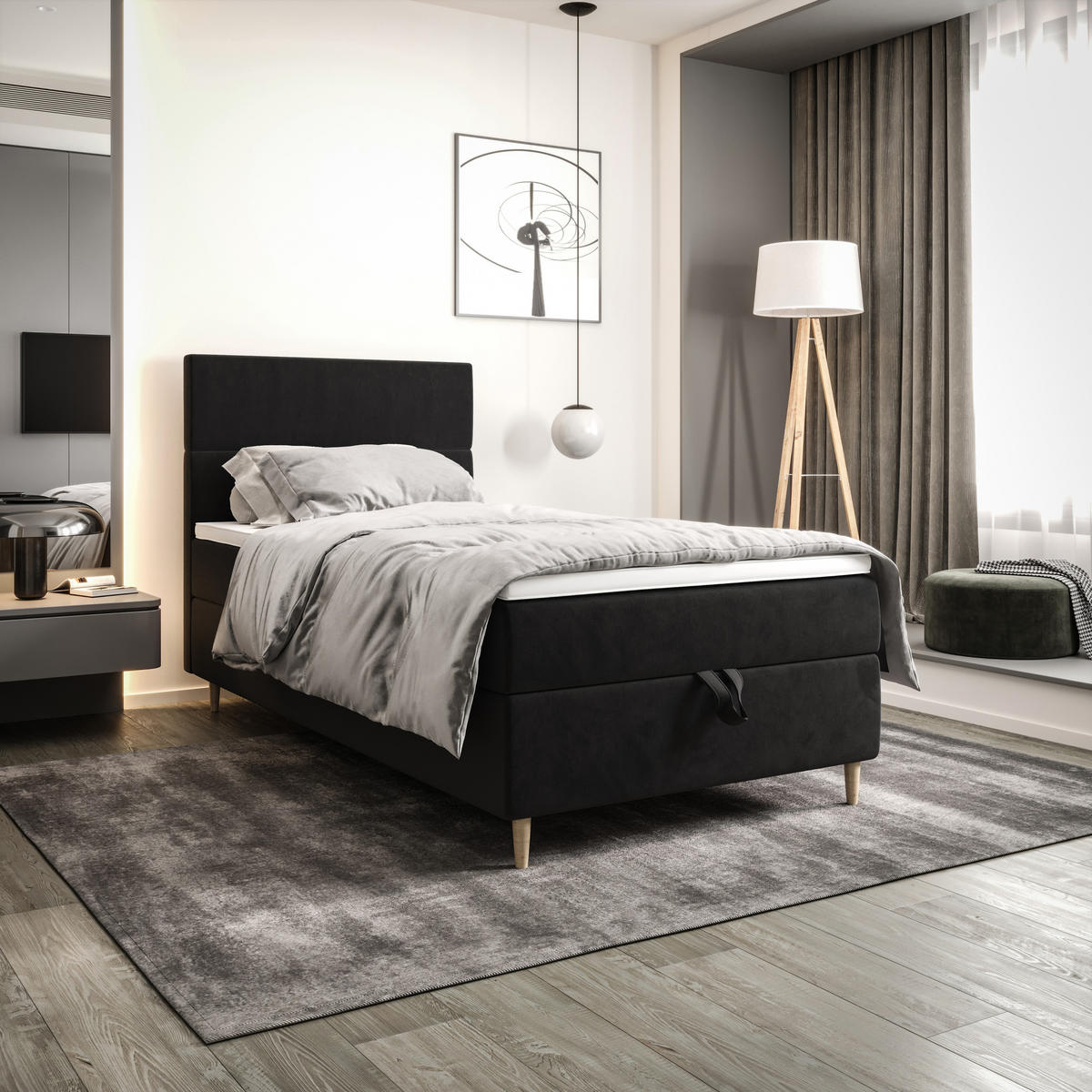 BOXBETT FLO 100x200 Itaka 27, mit Matratze H3, Bonell und Topper, Grau - Dunkelgrau, Holz/Textil (100/200cm) - Bedante