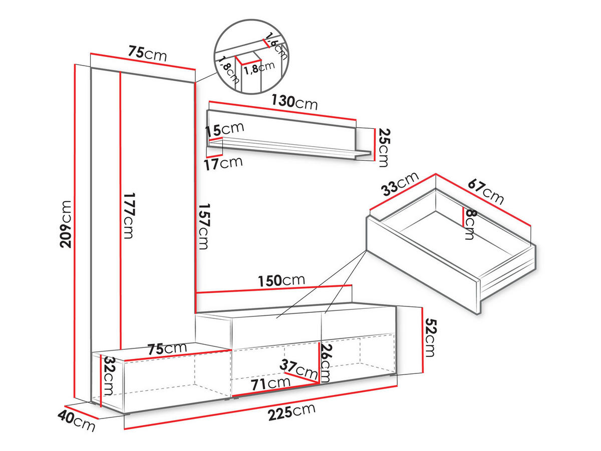WOHNWAND Narezi I - Eichefarben/Schwarz, Holzwerkstoff/Kunststoff (225/209/40cm) - MIRJAN24