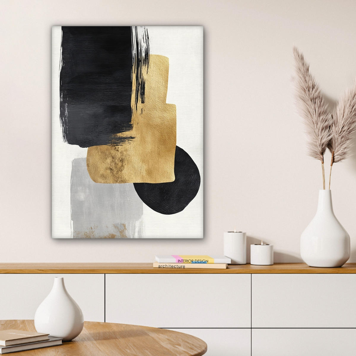 LEINWANDBILD Gold - Rechtecke - Kreise - Abstrakt Wandbild Wohnzimmer 60x80 cm - Weiß, Textil (60/80cm) - MuchoWow