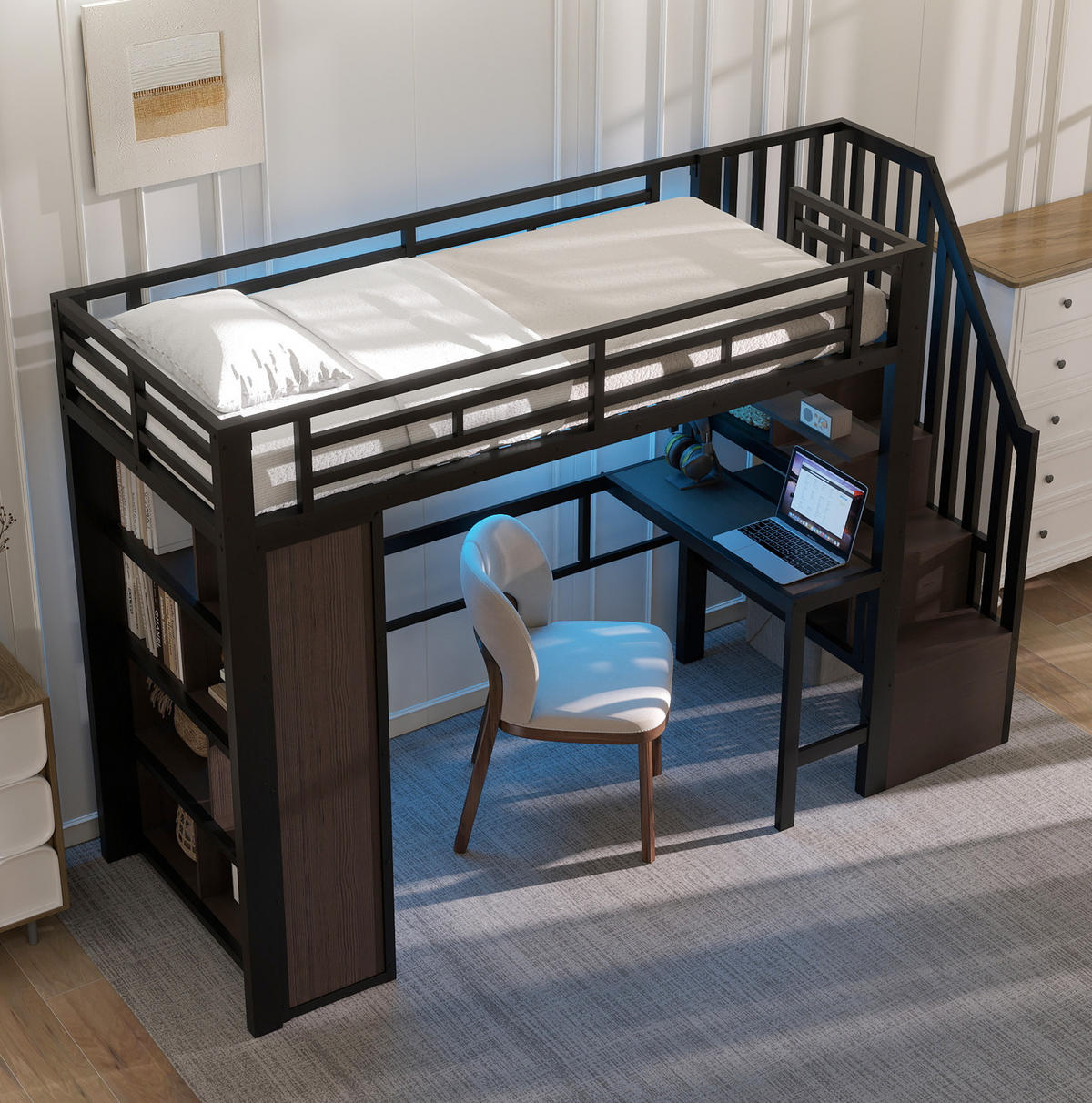 HOCHBETT aus Metall und MDF 90x200 cm Schwarz mit Schreibtisch, LED-Lichtleiste und Stauraumtreppe - Schwarz, Metall (90/200cm) - Modfu