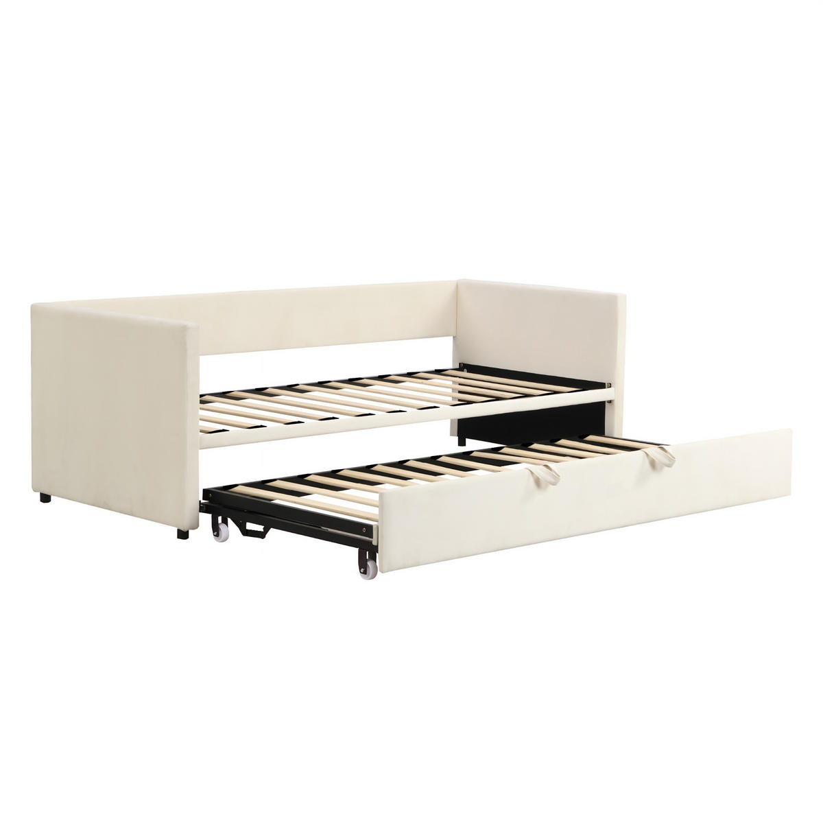 SCHLAFSOFA Samt creme ausziehbar mit Gästebett Funktion 3-fach umwandelbar Tagesbett mit Rollen - Beige, Metall (183/74/213cm) - Joyfair