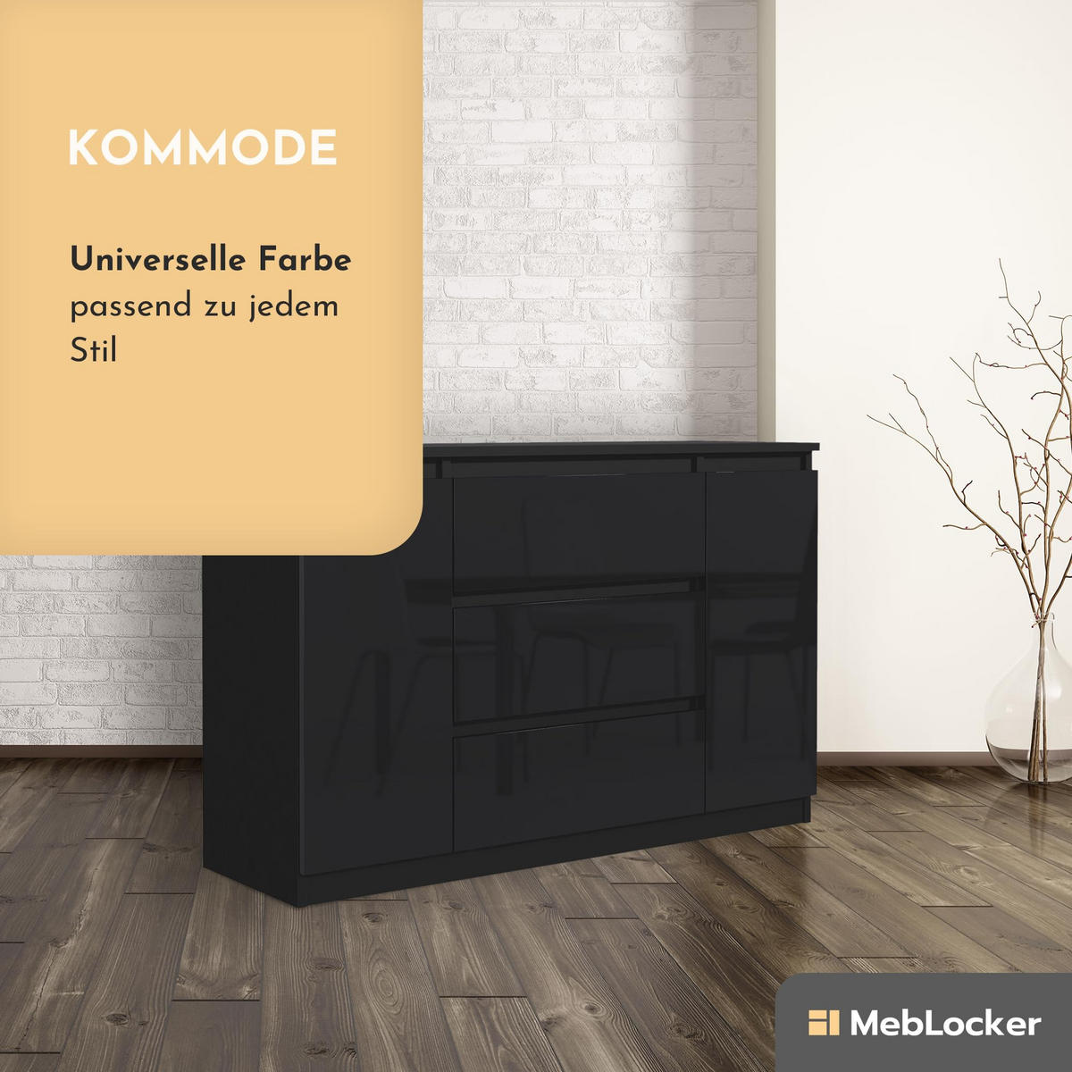 KOMMODE mit 3 Schubladen 2 Schranktüren 120 cm Schwarz mit HochglanzFronte - Schwarz Hochglanz, Holzwerkstoff (120.4/78.2/39cm) - MebLocker