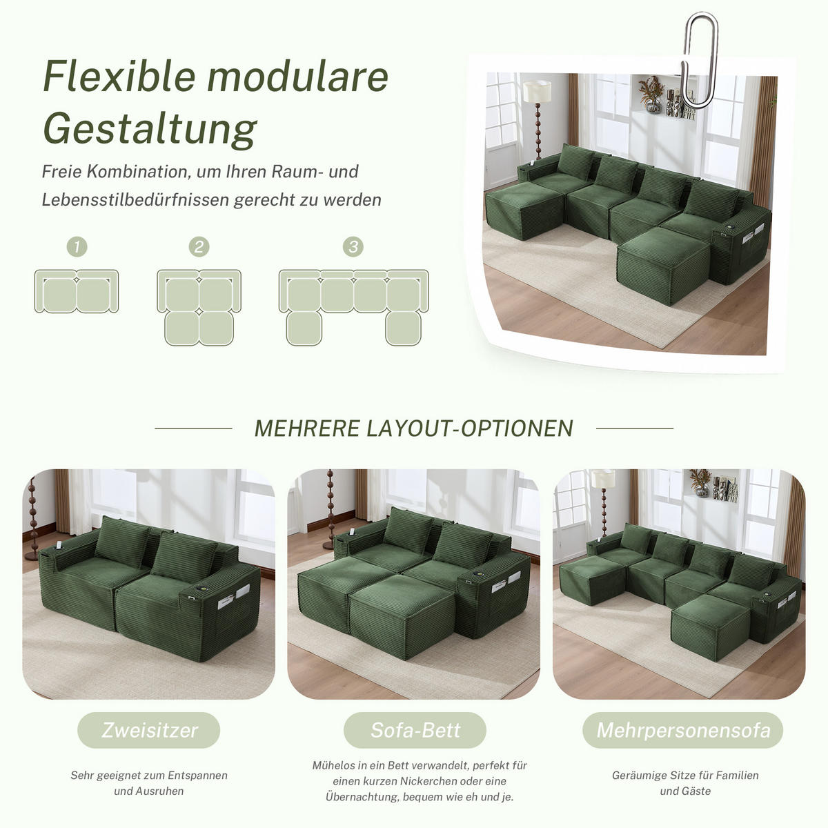 WOHNLANDSCHAFT 330/162/75 cm Grün mit 2 Fußhocker, Getränkehalter und Seitentaschen - Grün, Textil (330/75/162cm) - Oxeza