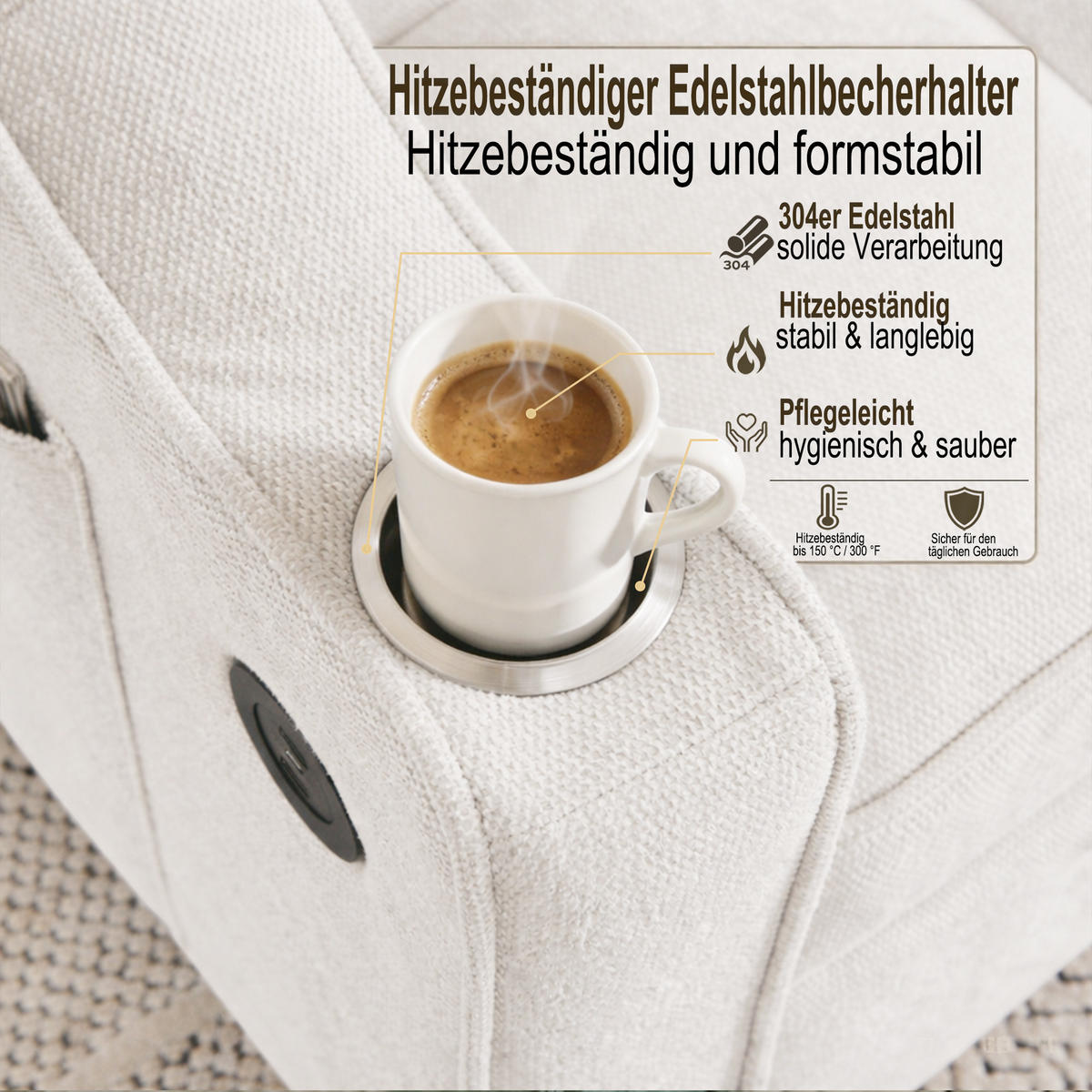 RELAXSESSEL 190/85/86 cm Beige mit USB-/Typ-C-Anschluss und Seitentasche - Beige, Textil (190/86/85cm) - Oxeza