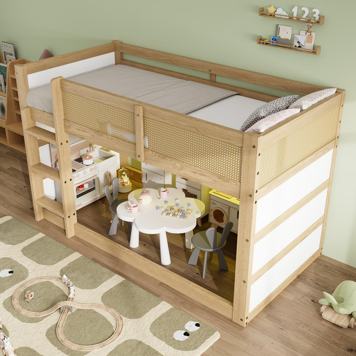 HOCHBETT 90/200 cm in Natur & Weiß mit LED, Ablagen und Treppe - Naturfarben, Holz/Holzwerkstoff (90/200cm) - WISHDOR