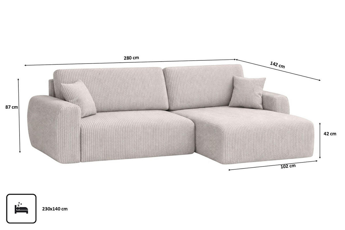 ECKSOFA Mit Schlaffunktion, Ariel XL, Cordstoff, Stoff Poso, Beige, Rechts - Beige, Holz (280/142cm) - Kaiser Möbel