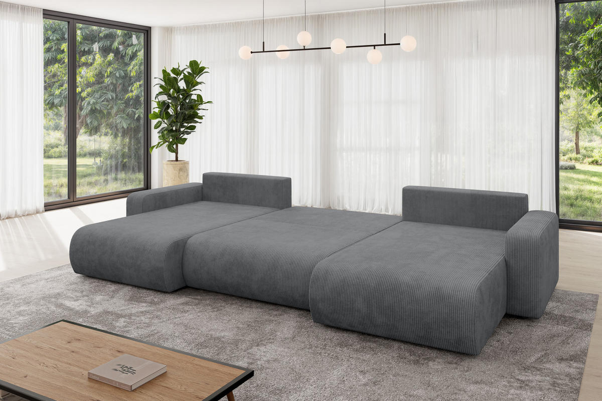 SEDACÍ SOUPRAVA DO U s funkcí spaní a úložným prostorem BERY-U 377x193x88 tmavě šedá manšestr - černá/tmavě šedá, kompozitní dřevo/textil (377/88/193cm) - ALTDECOR