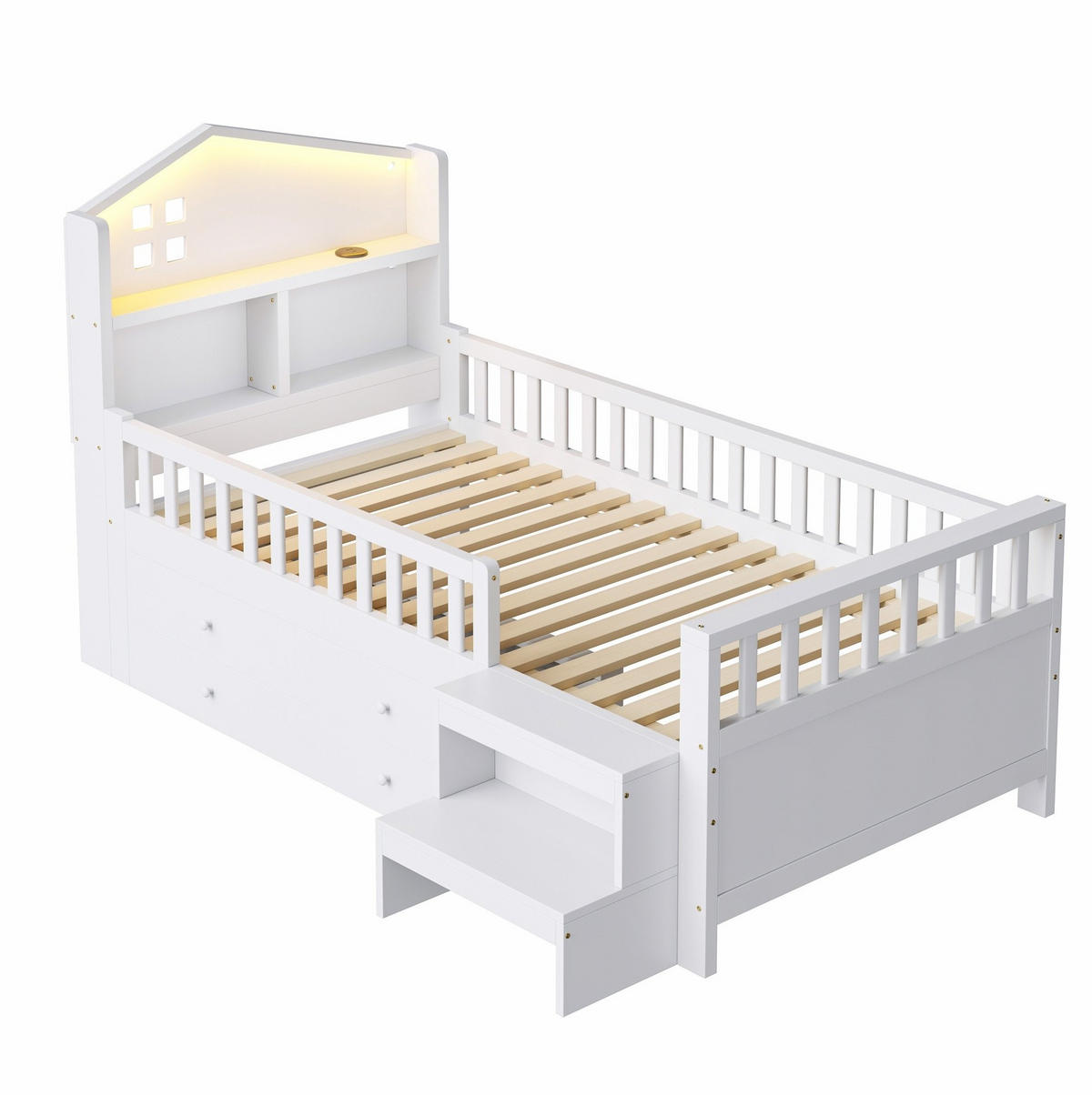 KINDERBETT 90/200 cm mit LED-Beleuchtung, USB- und Typ-C-Anschluss, 4 Schubladen und Treppe, Weiß - Weiß, Holzwerkstoff (90/200cm) - Redom