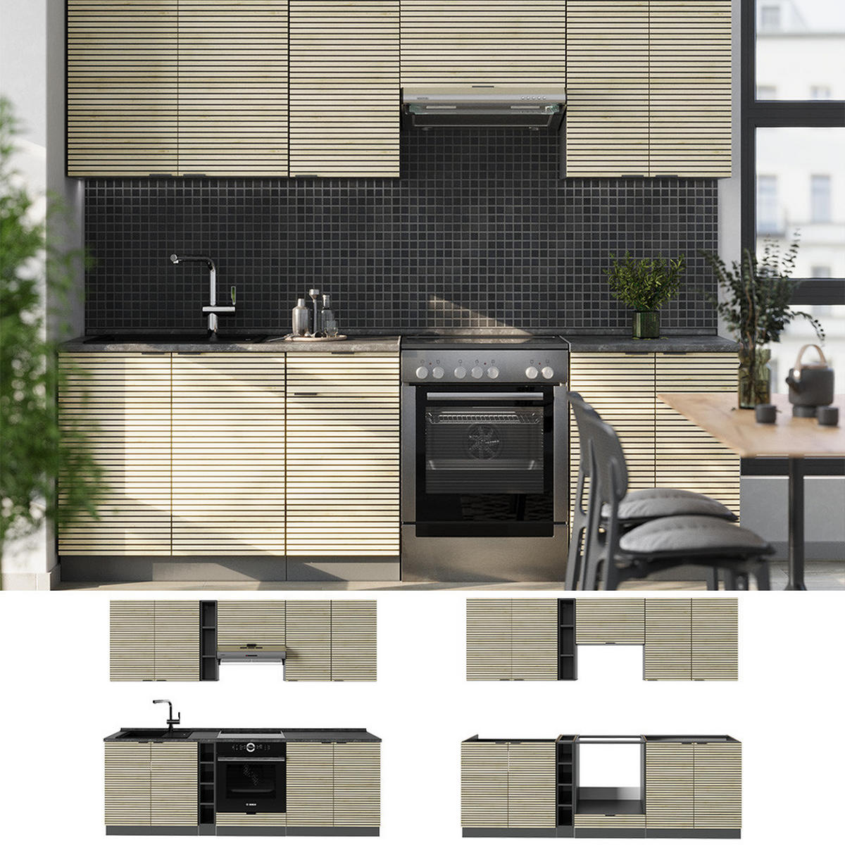 KÜCHENZEILE Fame-Line Eiche Paneel/Anthrazit 235 cm , AP Anthrazit - Hellbraun/Anthrazit, Holzwerkstoff (235/81.6/60cm) - Vicco