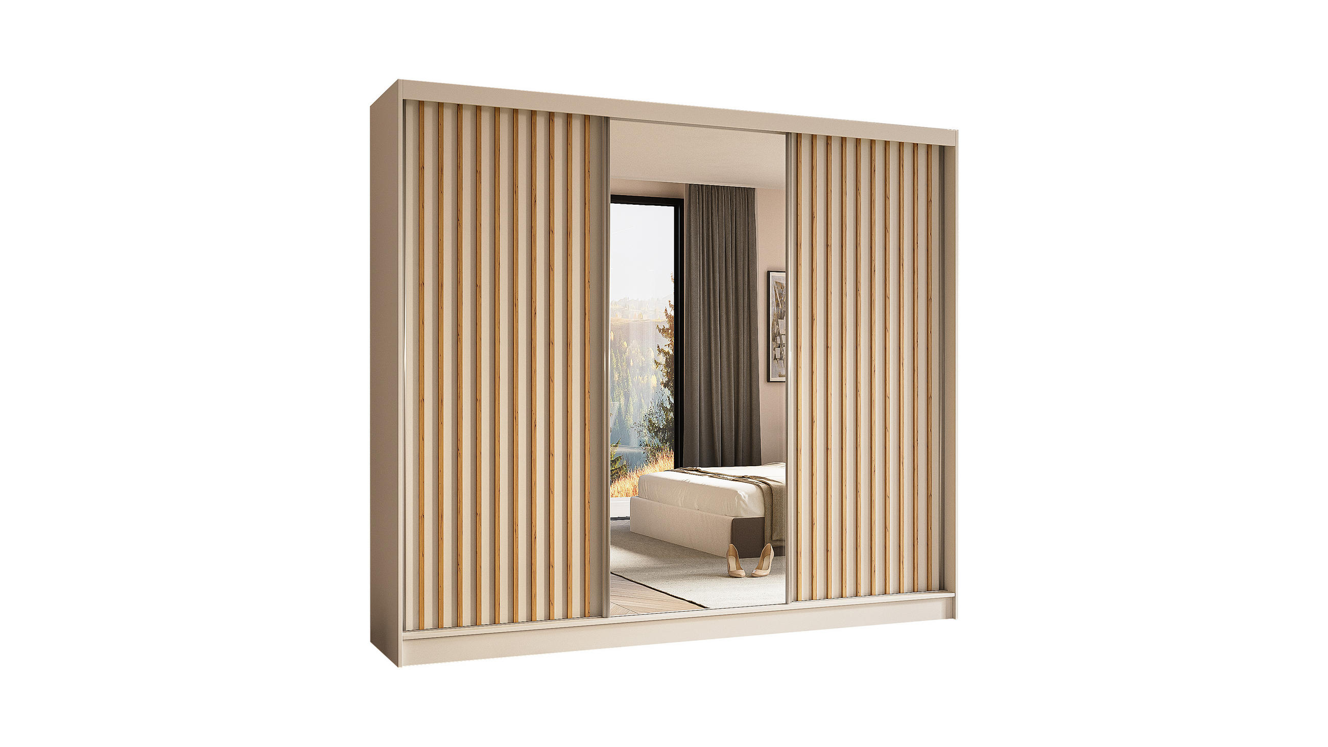KLEIDERSCHRANK mit Spiegel-Schiebetüren und Aluminium-Leisten - LAMELO - 240 cm Weiß+Weiß+Artisan - Weiß, Holzwerkstoff (240/216/61cm) - ALTDECOR