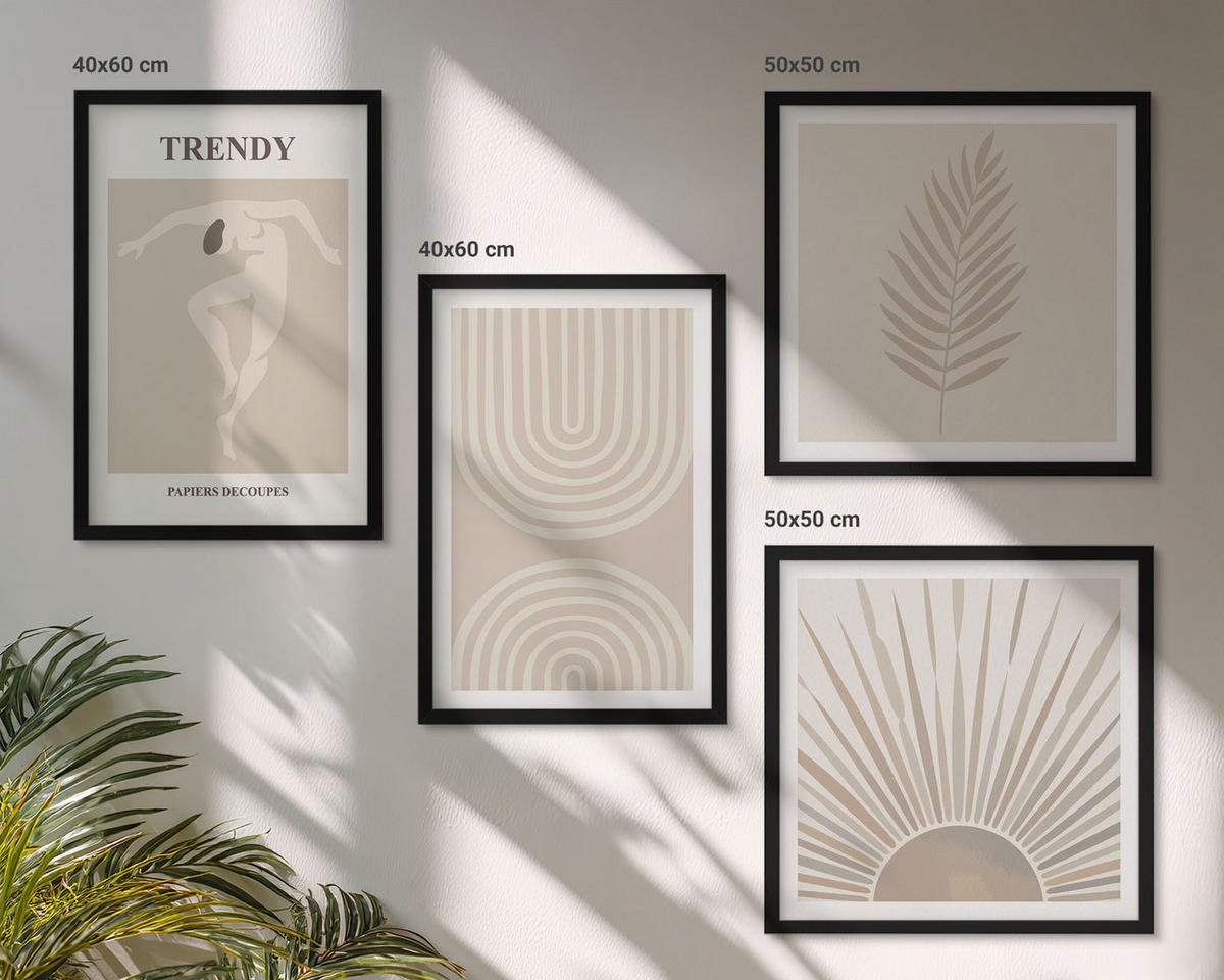 BILDER SET 4er Set - 50x50 cm & 40x60 cm Schwarzer Rahmen - Abstrakte Poster im Boho-Stil in Pastellfarben - Schwarz, Kunststoff (50/50cm) - TULUP
