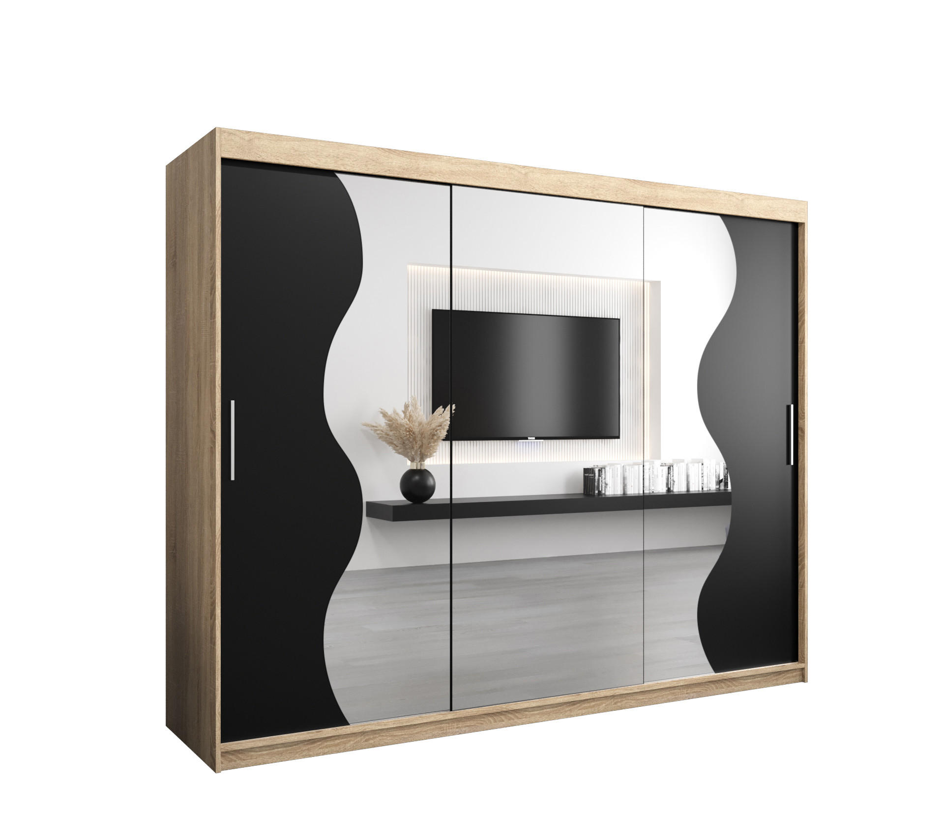 Abiks Möbel Schwebetürenschrank Sonoma Eiche, Schwarz 250x200x62 cm