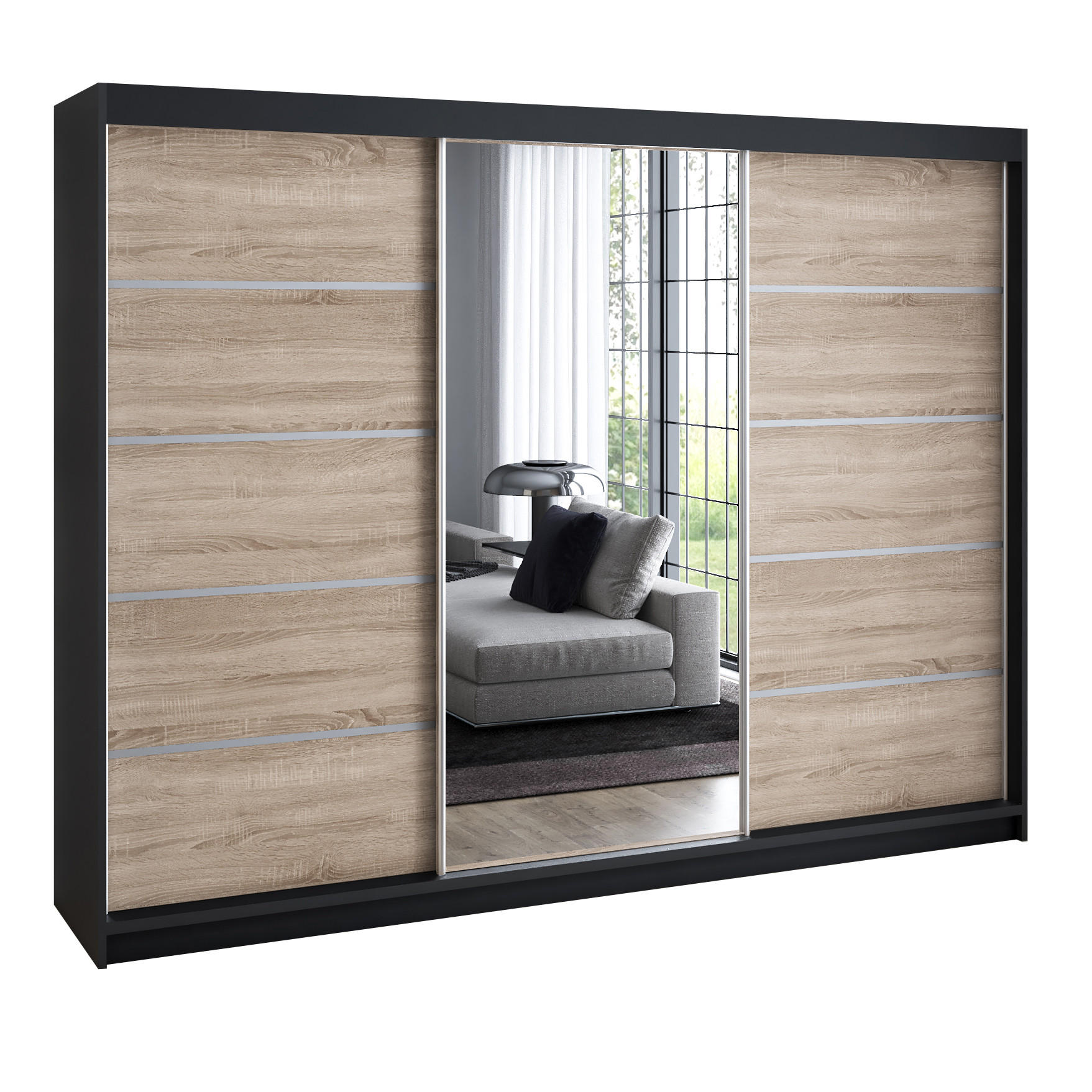 A&J MöbelLand Schwebetürenschrank Schwarz, Sonoma Eiche 200x215x59.5 cm