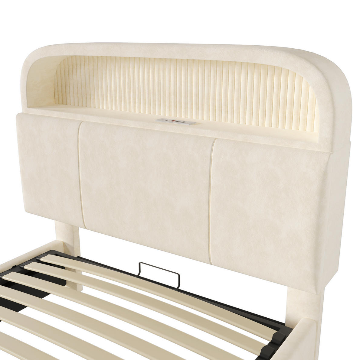 POLSTERBETT aus Samt 90x200 cm Beige mit Bettkasten, LED-Beleuchtung und USB/Type-C-Ladestation - Beige, Textil (90/200cm) - IVMEU