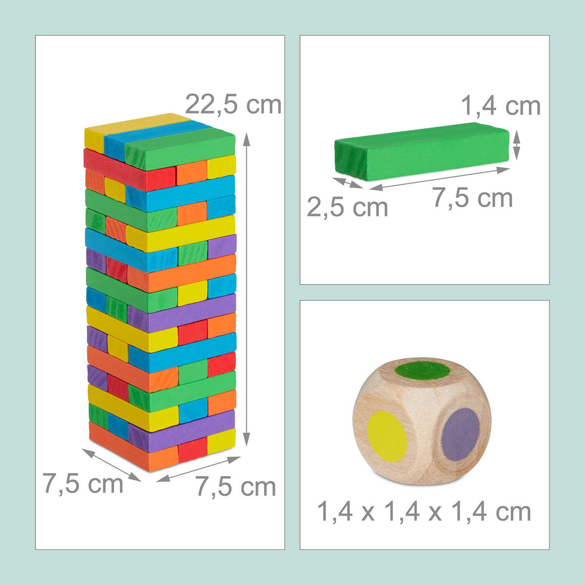 WACKELTURM Mehrfarbig Holz 49-tlg. mit Würfel - Multicolor, Holz (7.5/7.5cm) - Relaxdays