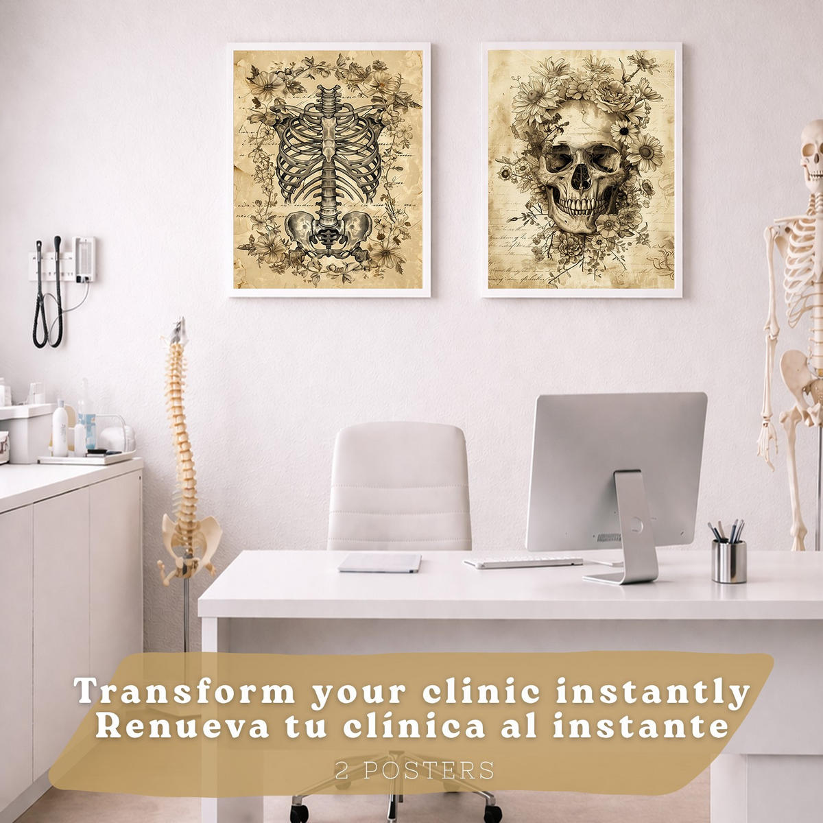 POSTER Set aus 2 Anatomie Mensch Drucke und Wandbilder mit Schädel Wirbelsäule Rippen Becken Klassisches Vintage Design Größe Weißer Rahmen A3 - Weiß, Papier (29.7/42/3cm) - Nacnic
