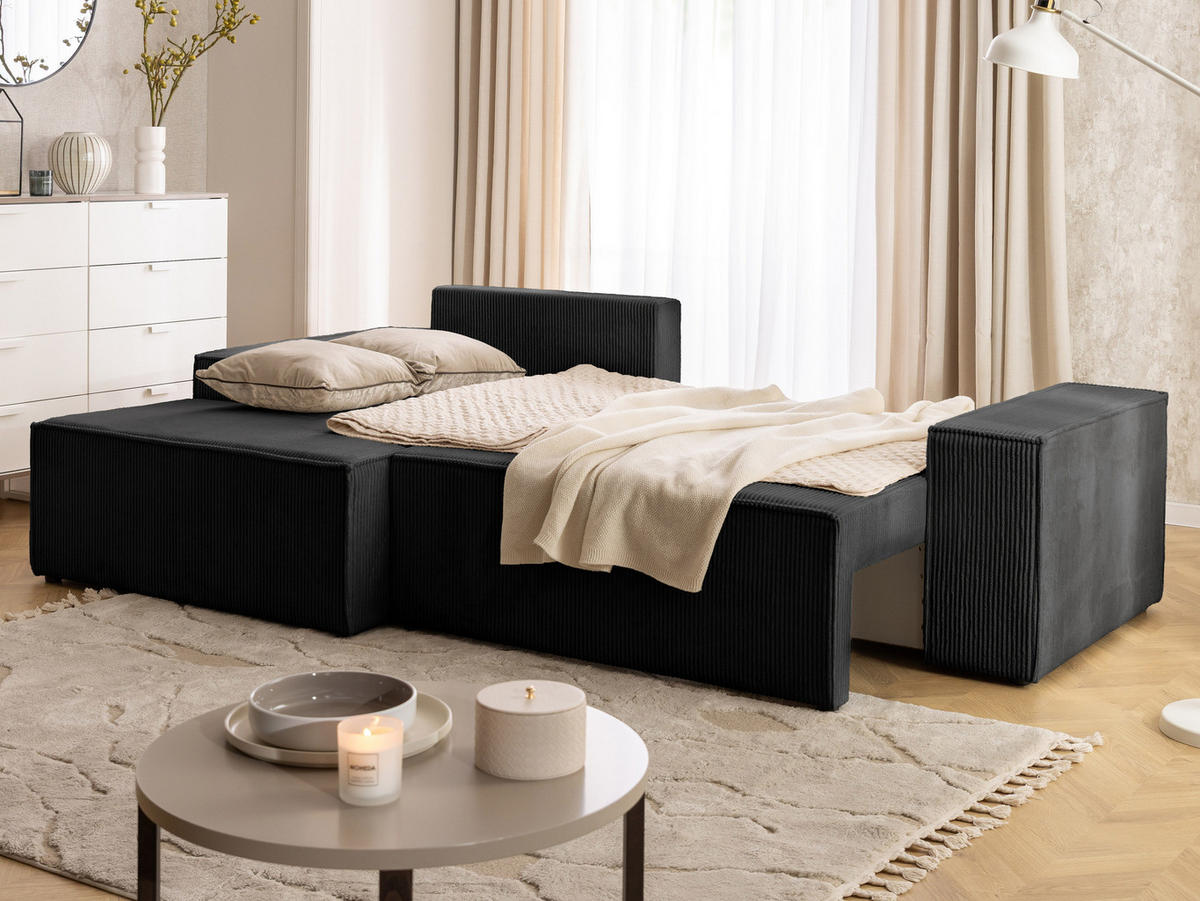 ECKSOFA Rivio mit Schlaffunktion und Bettkasten, Cordstoff Schwarz - Schwarz, Holz/Kunststoff (149/262cm) - S-Style