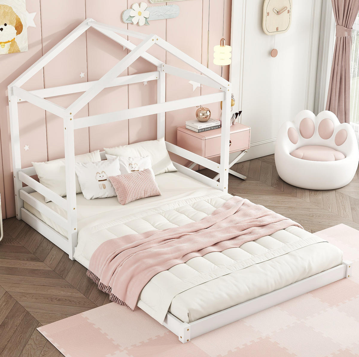 HAUSBETT aus Kiefernholz und MDF 140x200 cm Weiß mit Lattenrost - Weiß, Holzwerkstoff (140/200cm) - IVMEU
