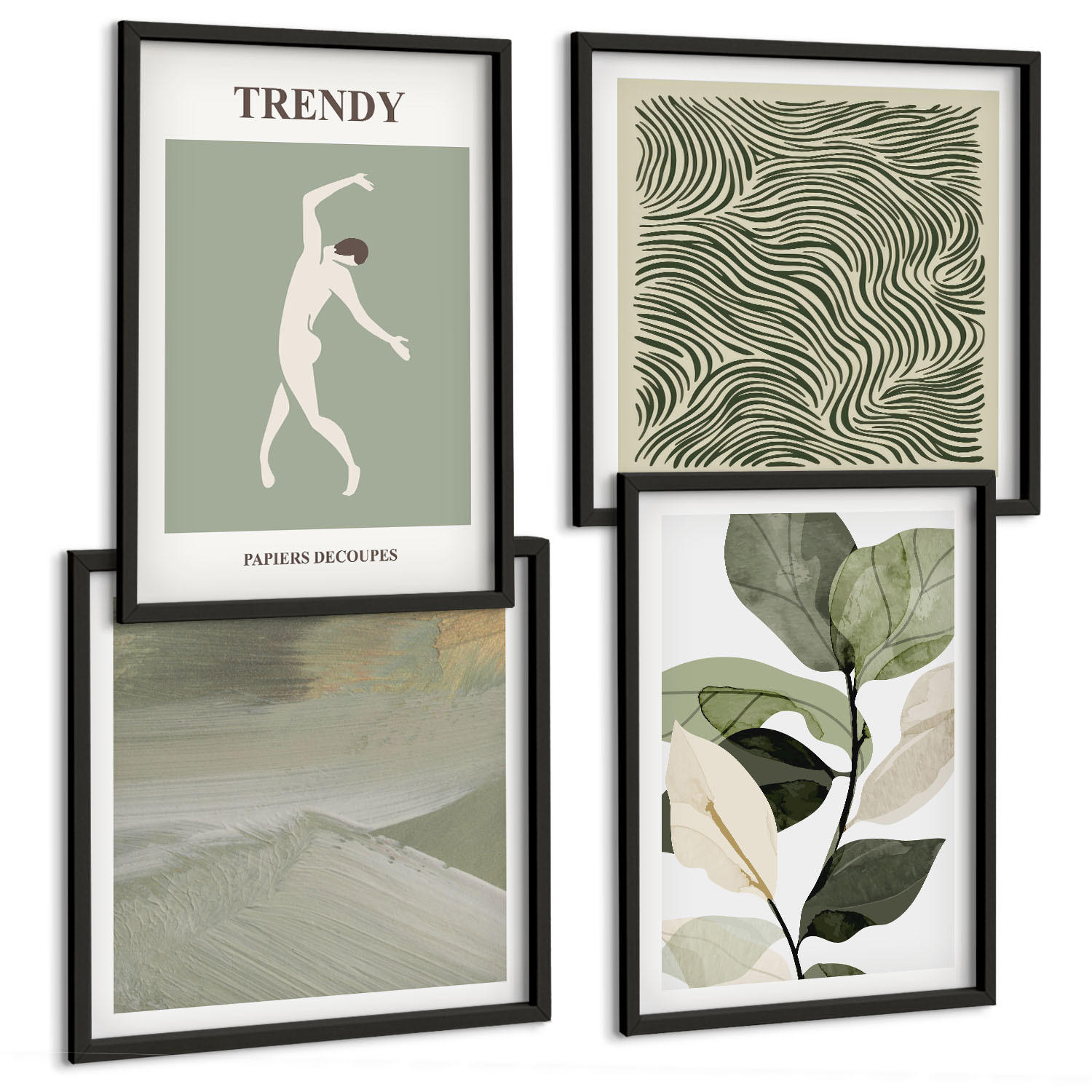 BILDER SET 4er Set - 50x50 cm & 40x60 cm Schwarzer Rahmen - Abstrakte Pflanzenmuster - Schwarz, Kunststoff (50/50cm) - TULUP