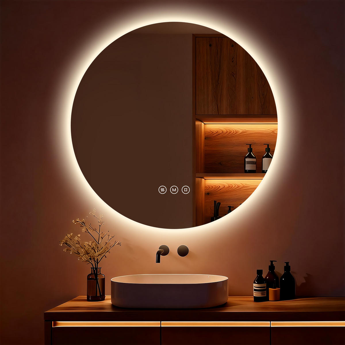 BADSPIEGEL MIT BELEUCHTUNG 80 cm Rund mit dimmbarer LED-Beleuchtung und Antibeschlag - Transparent, Glas (80/80/3.5cm) - S'AFIELINA