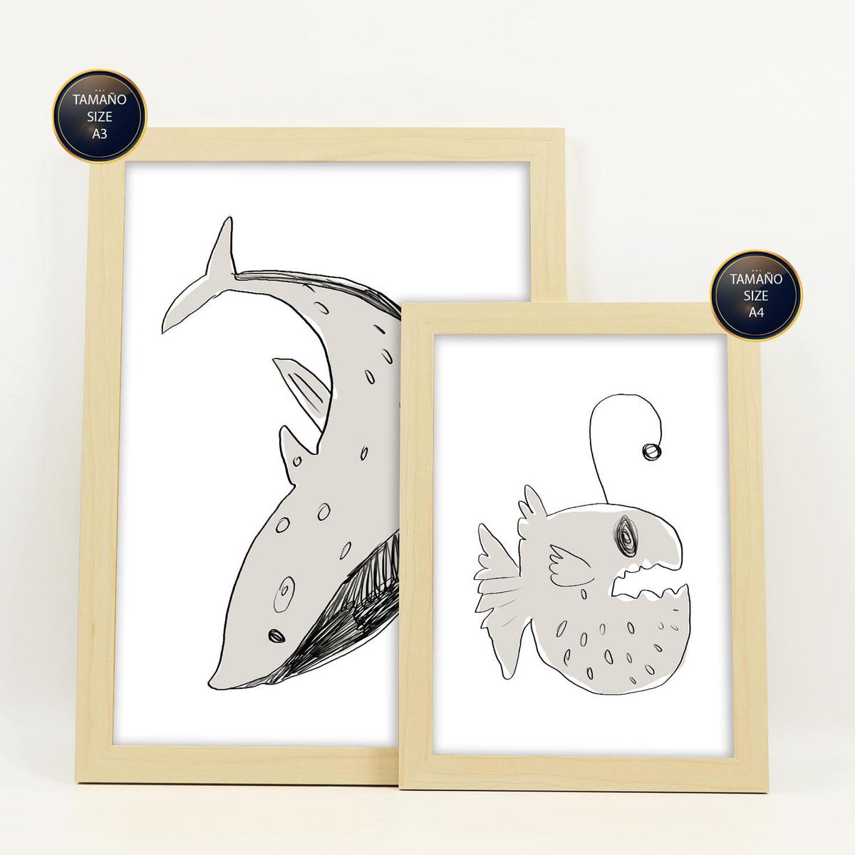 POSTER Set Mit 6 Sea Varmint In Tiere Abstracts Ästhetische Dekorative Gemälde Für Ihr Wohnzimmer Schlafzimmer Zuhause A3 & A4 Rahmen Aus Hellem Holz - Beige, Papier (29/3cm) - Nacnic