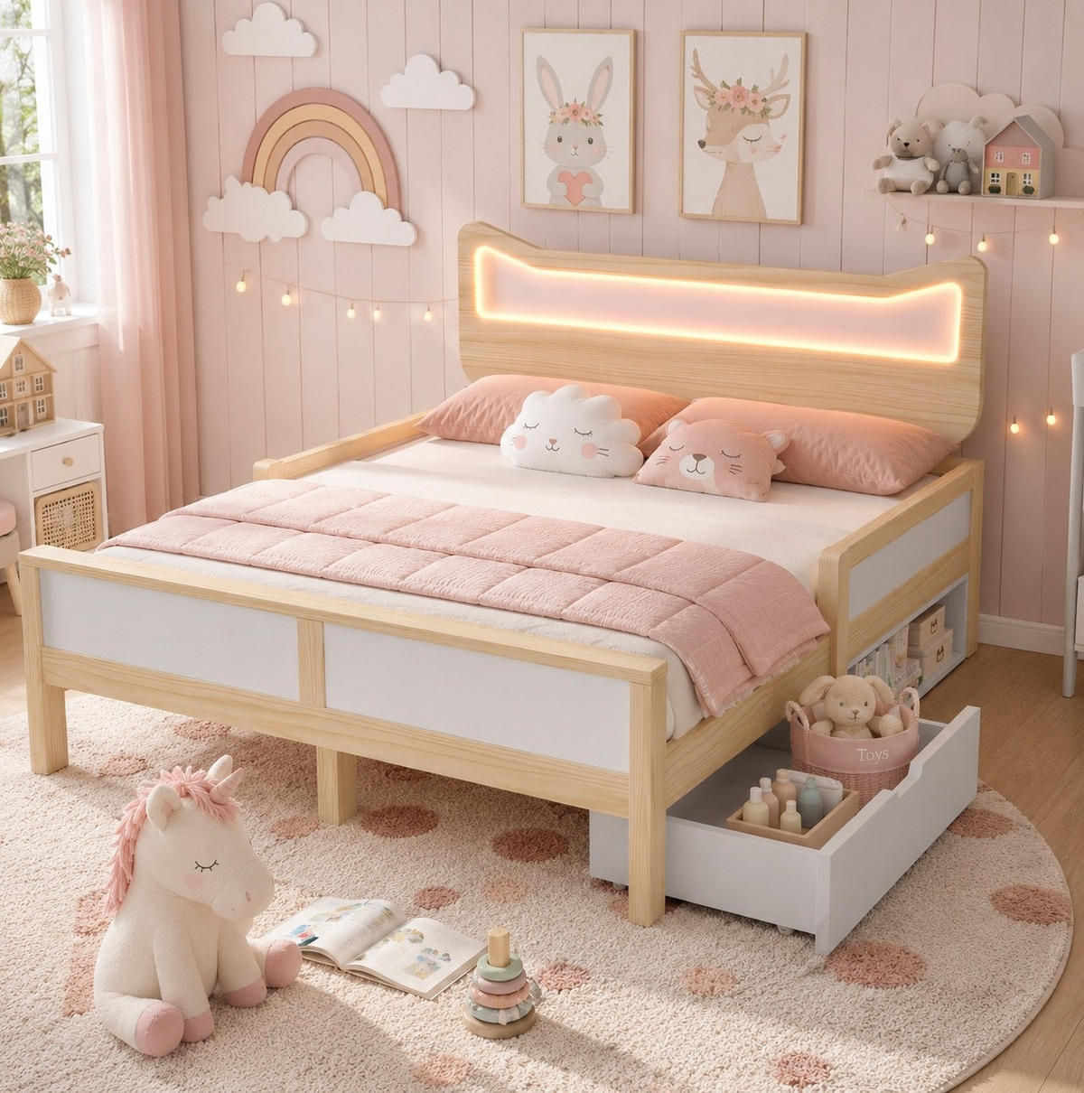 KINDERBETT 140/200 cm aus Holz mit LED-Katzenkopfteil und Stauraum Weiß/Eiche - Eichefarben, Holz (140/200cm) - Modenvie