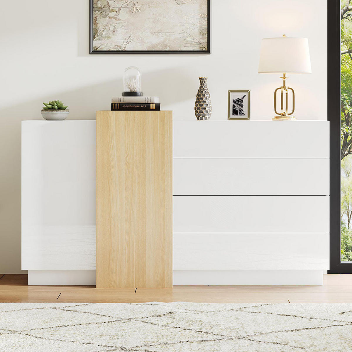 SIDEBOARD in Weißes Hochglanz, Minimalistischer - Weiß, Holz (37.5/87/150cm) - KOMHTOM