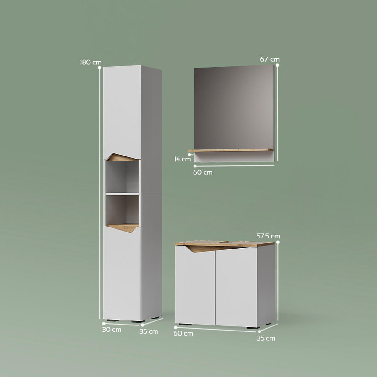 BADMÖBEL-KOMBINATION Timavo Weiß 3 Teile, mit Hochschrank - Weiß/Eiche Artisan, Holzwerkstoff (60/57/35cm) - Livinity®