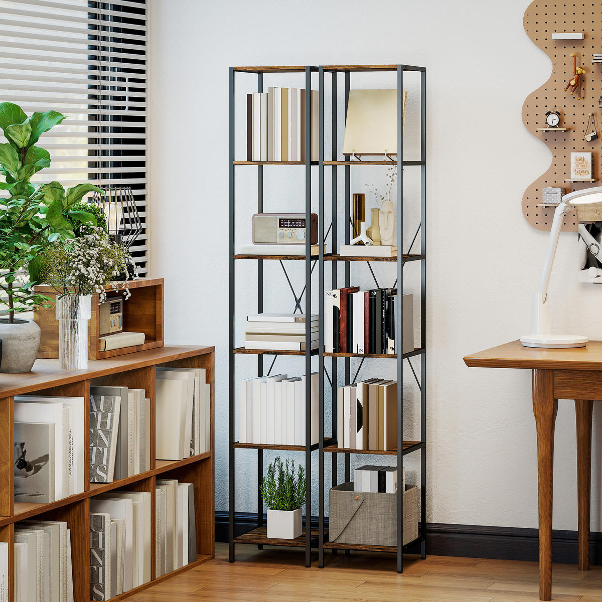 BÜCHERREGAL 2er-Set Regal mit 6 Ebenen Standregal mit Stahlrahmen Rustikal-Braun - Schwarz/Braun, Holzwerkstoff/Metall (30/174.5/30cm) - HOMCOM