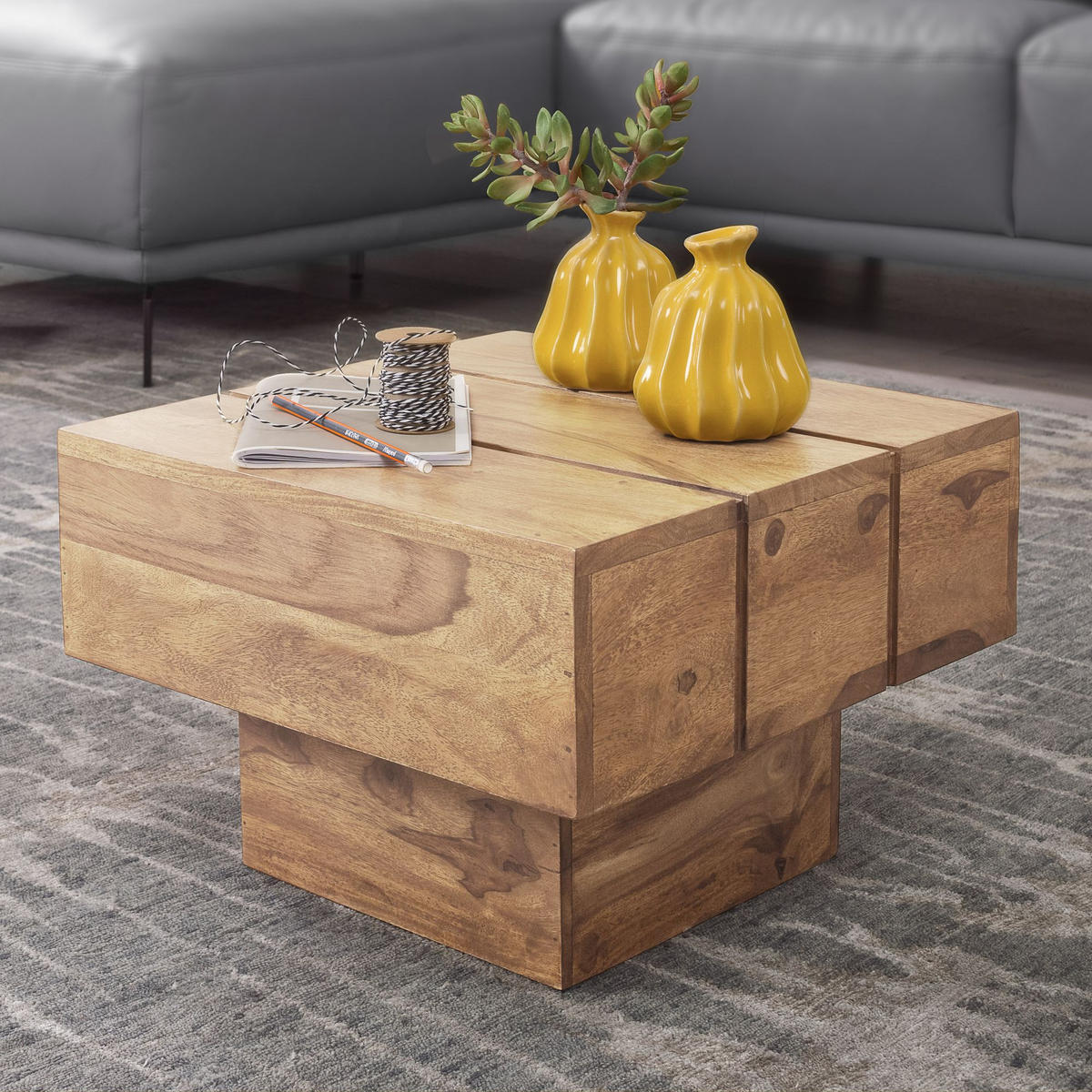 BEISTELLTISCH aus Massivholz, handgefertigt, Unikat, Beige 44x44x30 cm - Beige, Holz (44/44/30cm) - KADIMA DESIGN