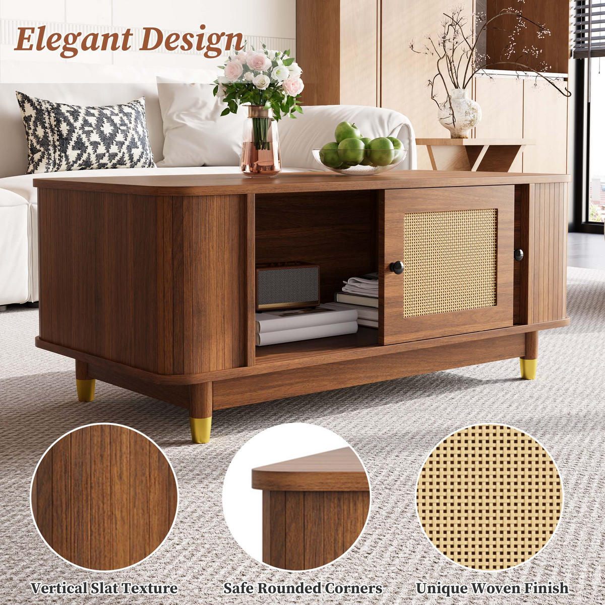 COUCHTISCH Nussbaum mit Rattan-Schiebetüren 100×50×42 cm aus MDF - Nussbaumfarben, Holzwerkstoff (50/100/42cm) - Luhomfu