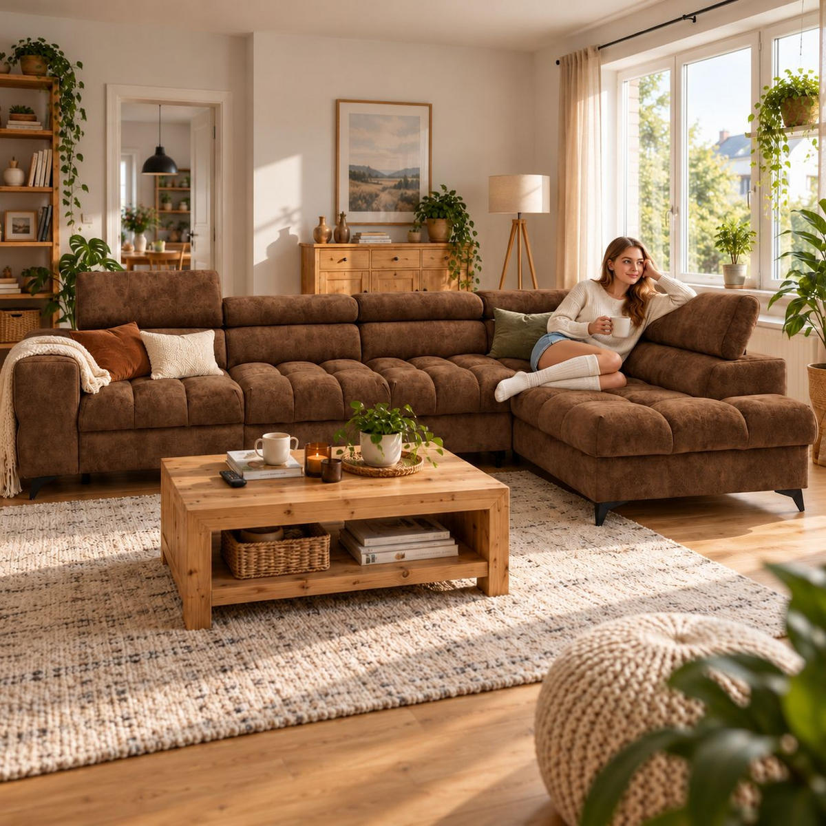ECKSOFA PUDDING MAXI L Rechts mit Schlaffunktion 125x195 Velours Hellbraun - Hellbraun/Schwarz, Holz/Textil (203/350cm) - Muffo