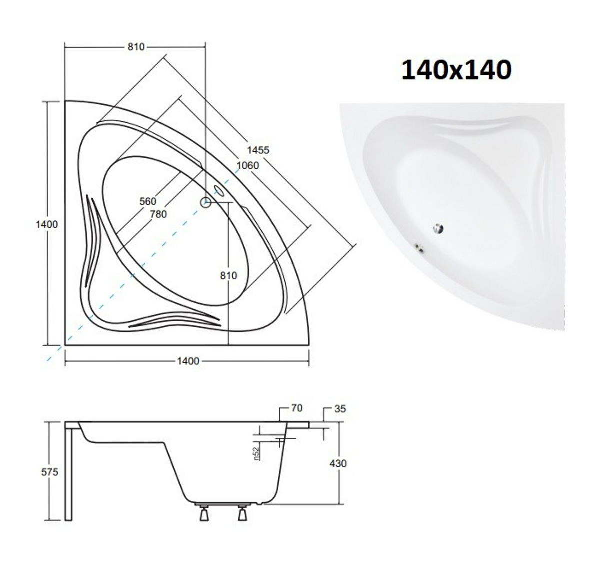 BADEWANNE Eckwanne MIA 140/140 Ablauf & Füße - Weiß, Kunststoff (140/57.5/140cm) - bad land