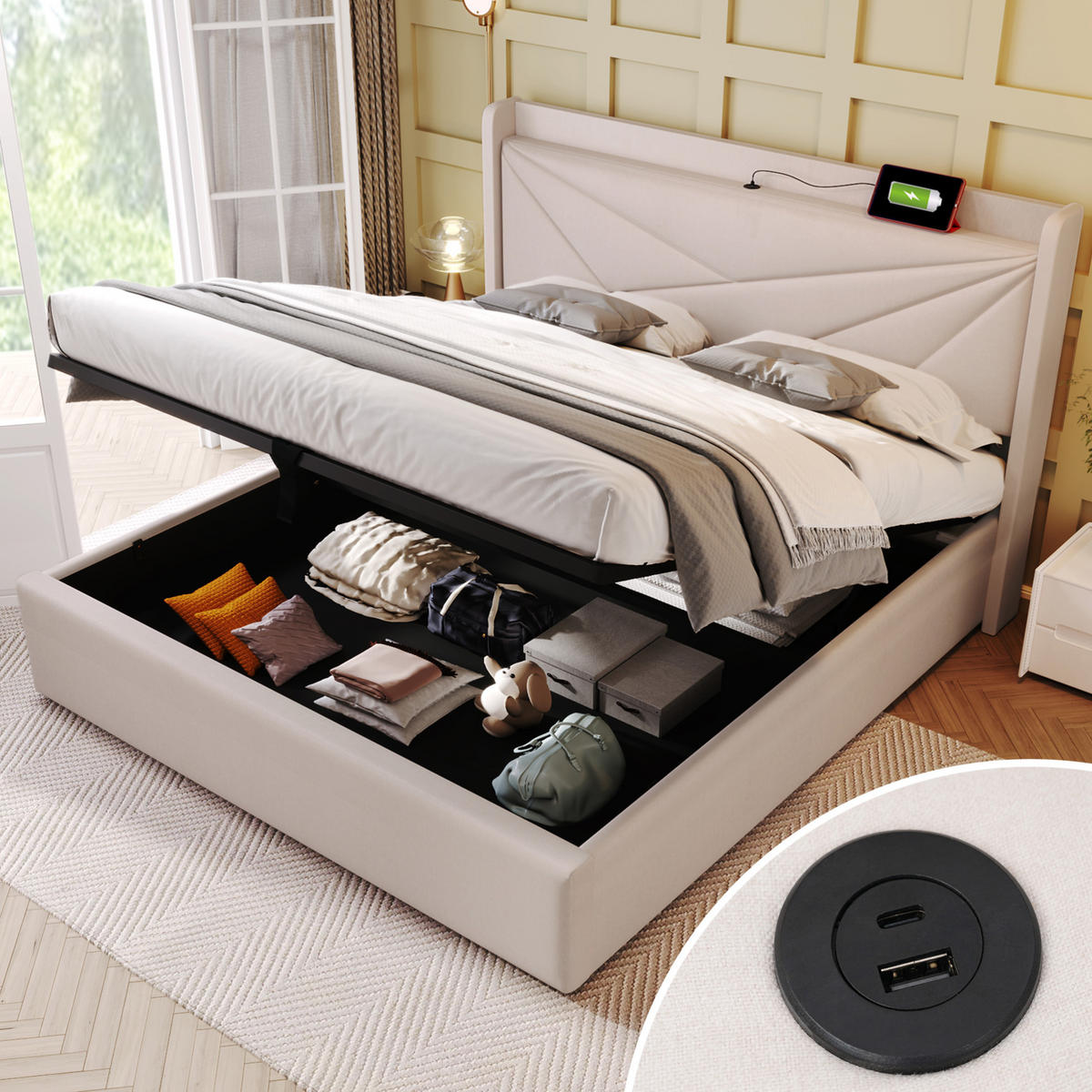 POLSTERBETT aus Baumwoll-Leinen 180x200 cm in Beige mit USB- & Typ-C-Ladefunktion - Beige, Textil (180/200cm) - Modfu