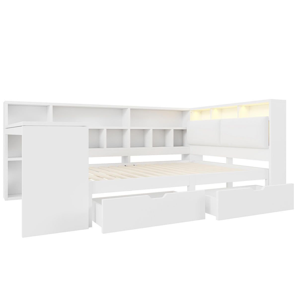 POSTEĽ 140/200 cm biela z MDF a preglejky s písacím stolom, knižnicou, zásuvkami a LED čelom - biela, kompozitné drevo (140/200cm) - OKWISH