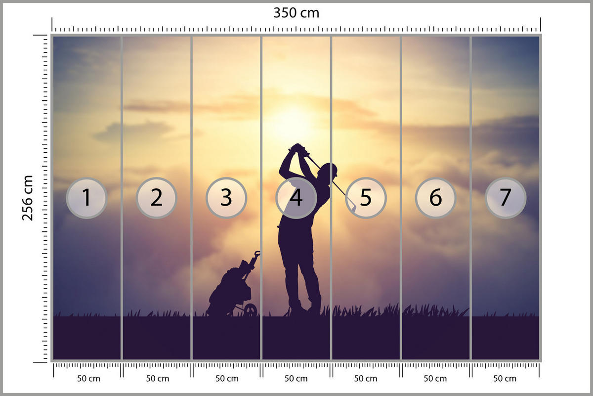 FOTOTAPETA Pre Študentskú Izbu Golfer Západ Slnka Silueta Šport 350 x 256 cm - čierna/žltá, papier (350/256cm) - Muralo