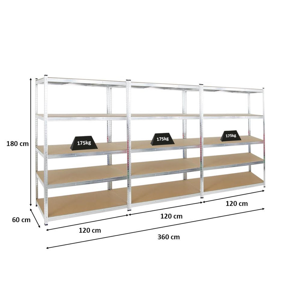 SCHWERLASTREGAL Ragnar 3er-Set mit 3x 180x120x60 cm Fachlast 175 kg Verzinkt - Silberfarben, Metall (360/180/60cm) - PROREGAL
