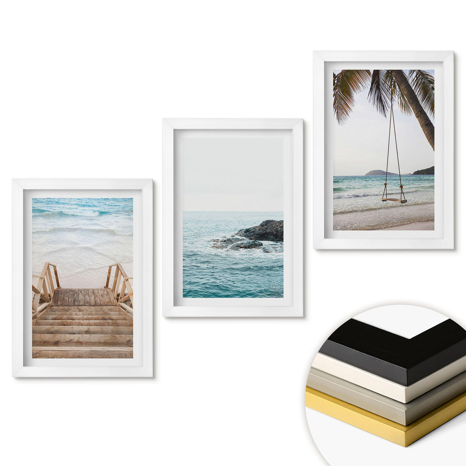 WANDBILDER 3er-Set - 20x30 cm Weißer Rahmen - Treppe Strand Meer Schaukel - Weiß, Kunststoff (20/30cm) - ArtPrintCave