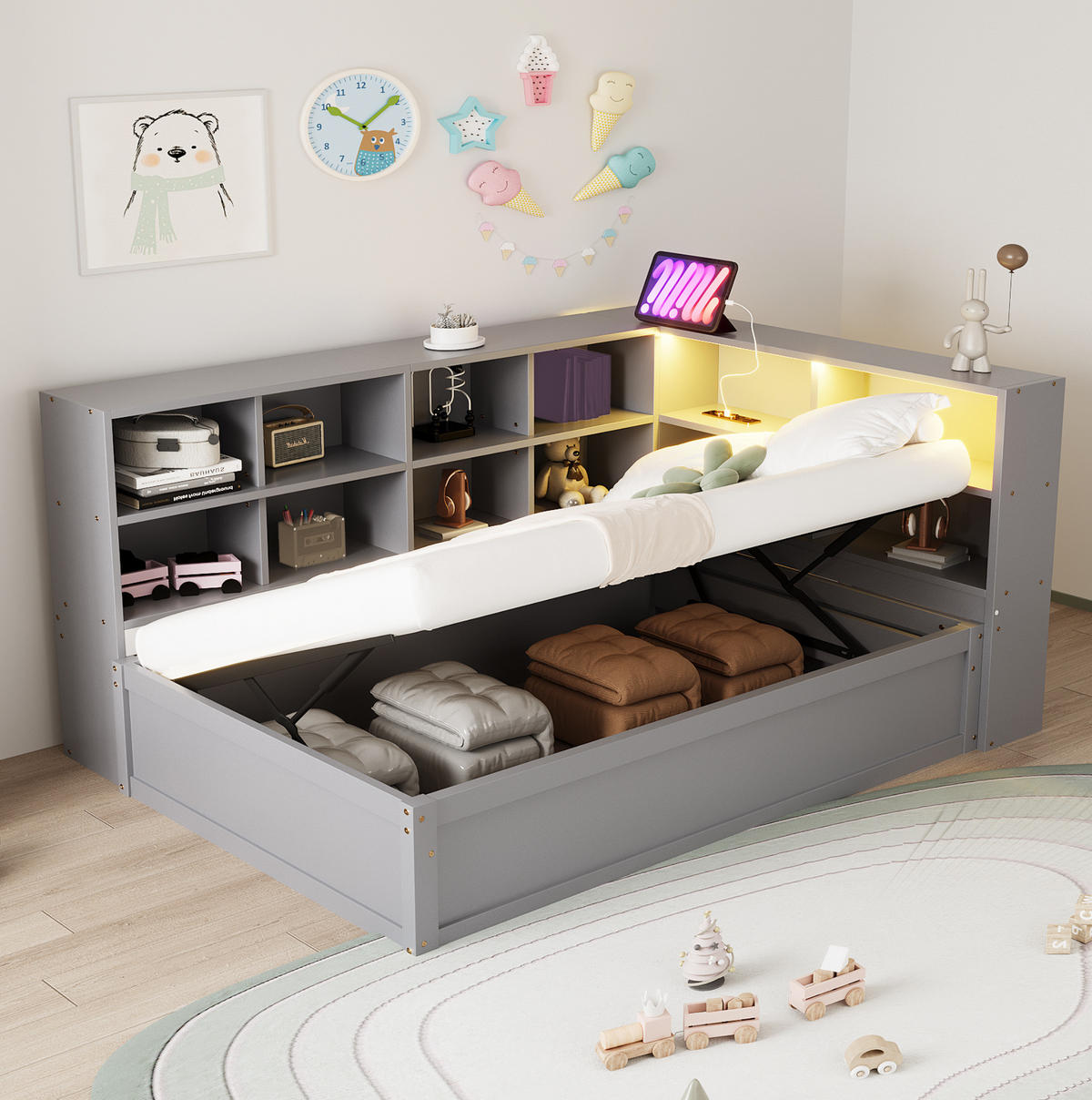 BETT mit hydraulischem Bett und LED-Beleuchtung Grau 90/200 cm - Grau, Holz (90/200cm) - OKWISH