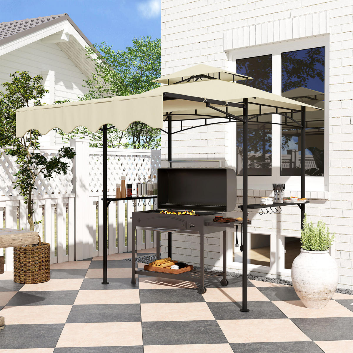 GRILLPAVILLON 242x232x248 cm wasserabweisend flammhemmend Gartenpavillon mit Doppelschichtdach Beige - Beige, Metall (242/248/232cm)