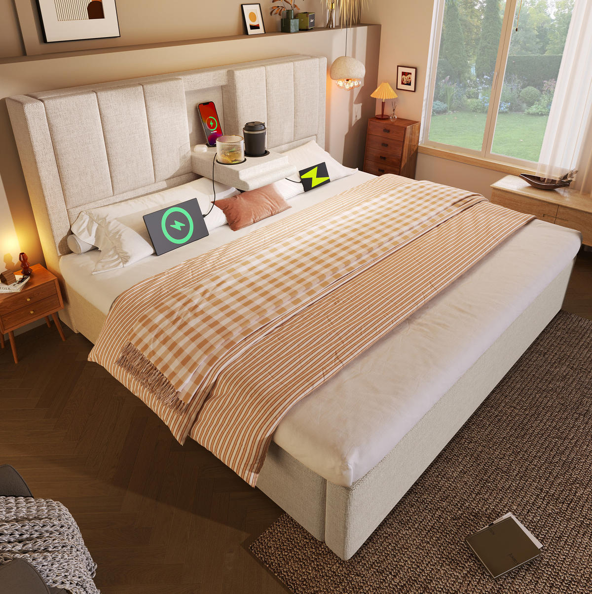 POLSTERBETT mit Stauraum und Ladestation 140x200 cm Leinen Beige - Beige, Metall (140/200cm) - Meubliv