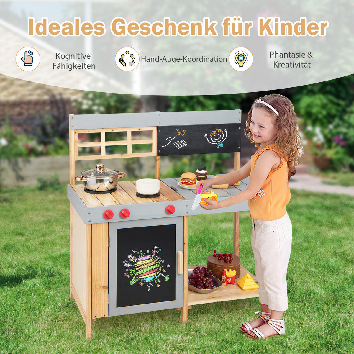 KINDERKÜCHE Outdoor Grau - Grau, Holz (89/45/90cm) - COSTWAY