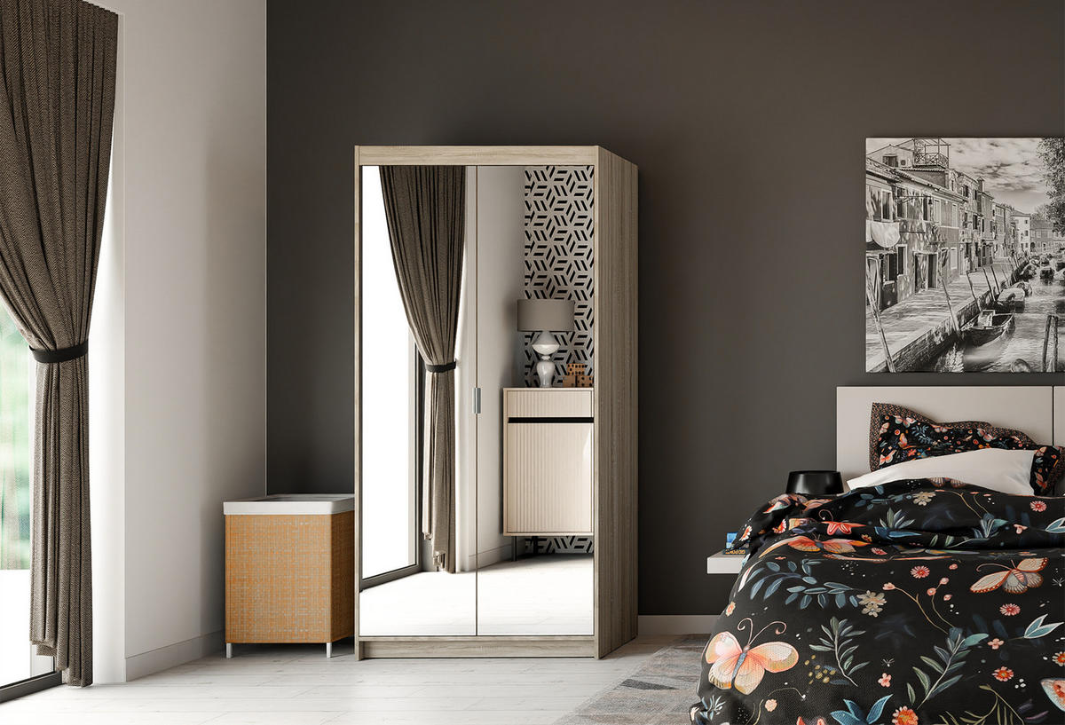 KLEIDERSCHRANK Storicos Sonoma Eiche 89,7/190,5/53cm - 2T Modern mit Spiegel - Beige, Holzwerkstoff/Kunststoff (89.7/190.5/53cm) - AX Living