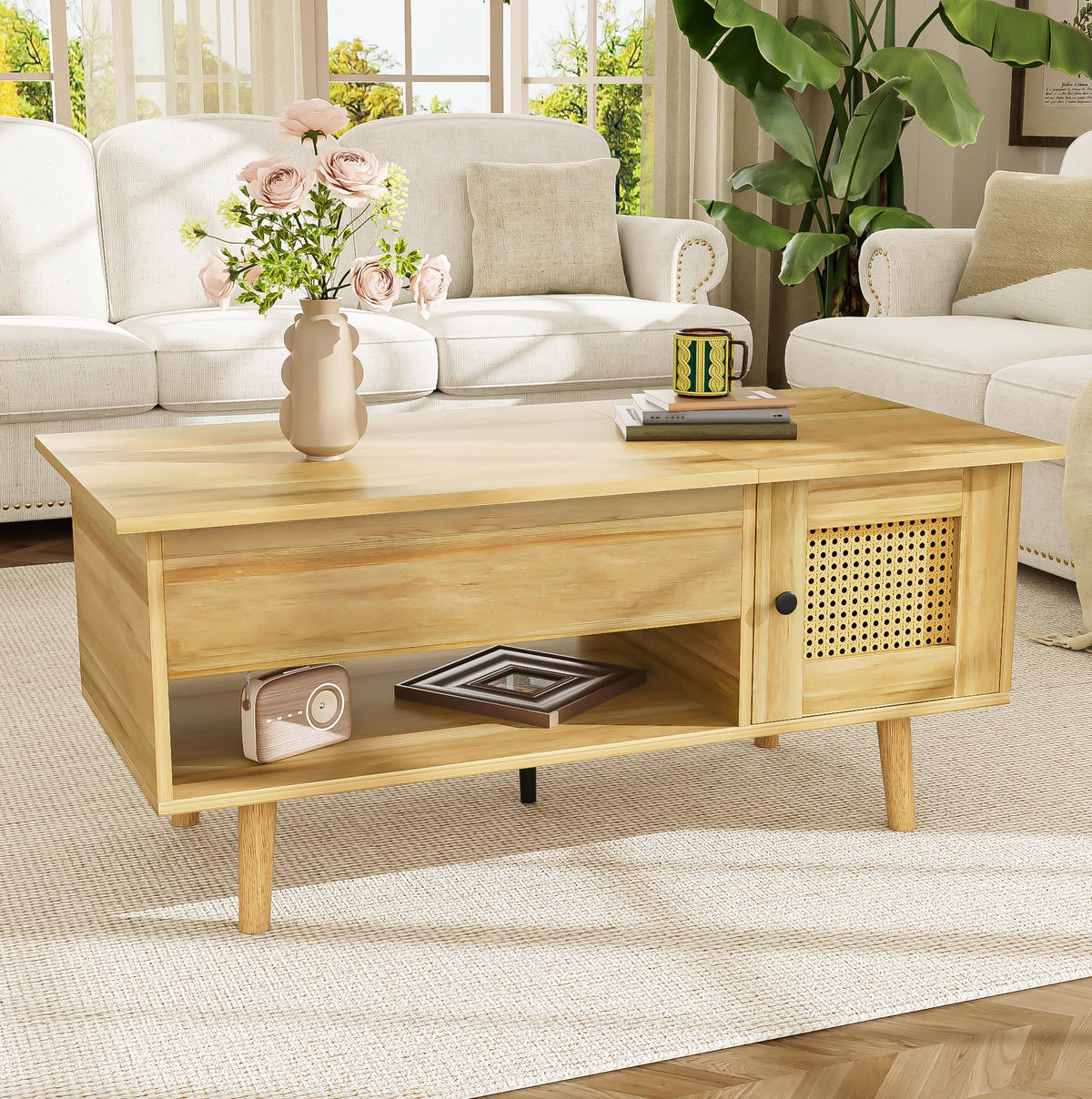 COUCHTISCH, anhebbare Tischplatte, Holzoptik mit schwarzen Akzenten und Rattan-Türen, 103/50/46/60 cm,Naturfarben - Naturfarben, Holzwerkstoff (103/50/60cm) - Redom