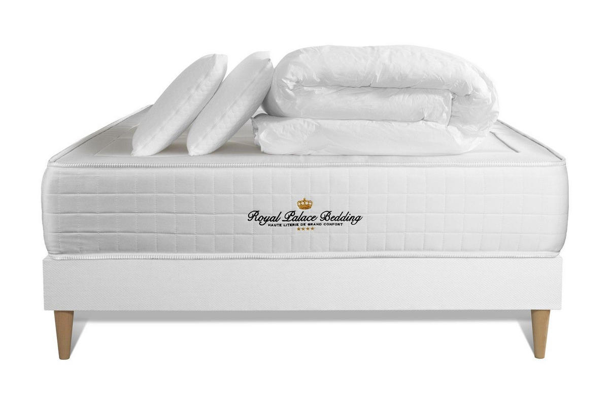 BETT Windsor Taschenfederkern und Memory-Schaum 180 x 200 cm h1 - Kit Bettgestell Weiß - Mit Kissen und Bettdecke - Beige/Weiß, Holz/Textil (180/200cm) - ROYAL PALACE BEDDING