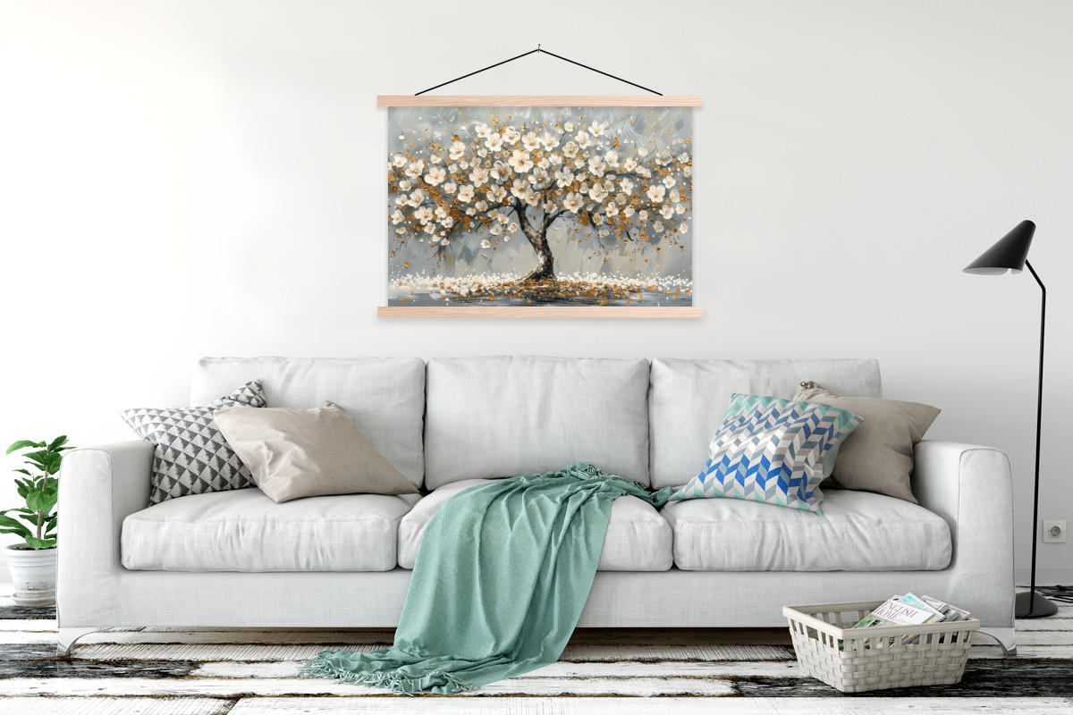 POSTER Baum - Blumen - Weiß - Natur - Kunst 120x80 cm - Weiß, Textil (120/80/0.15cm) - MuchoWow